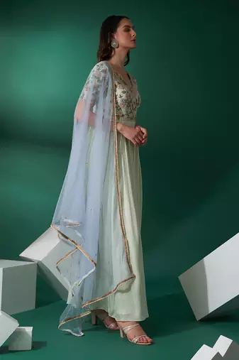 Mint green and aqua blue cotton silk anarkali set