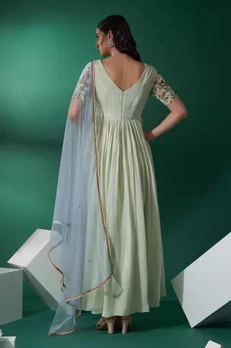 Mint green and aqua blue cotton silk anarkali set
