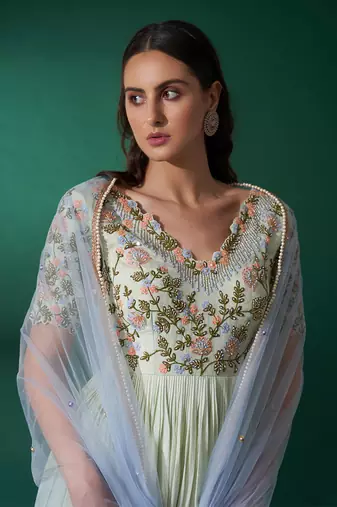 Mint green and aqua blue cotton silk anarkali set