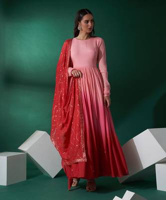 Pink and red georgette anarkali set 1