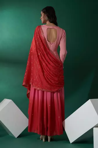 Pink and red georgette anarkali set