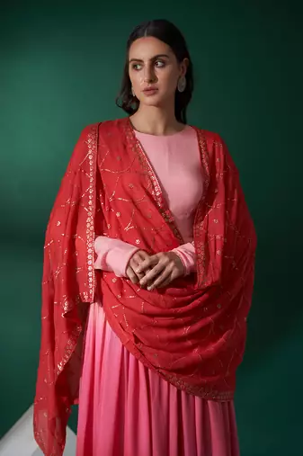 Pink and red georgette anarkali set
