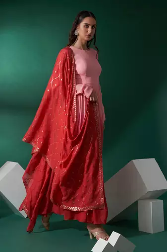 Pink and red georgette anarkali set