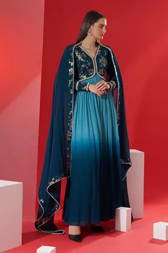 Teal georgette anarkali set