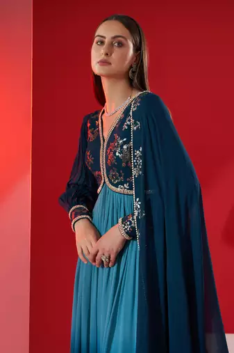 Teal georgette anarkali set