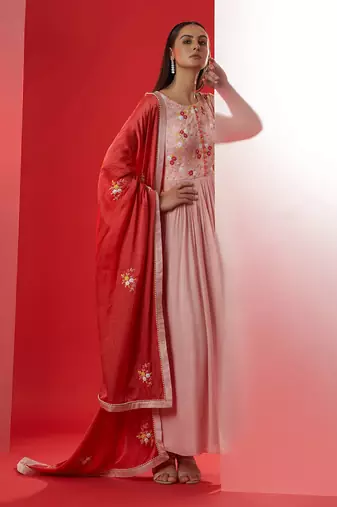 Pink and red georgette anarkali set