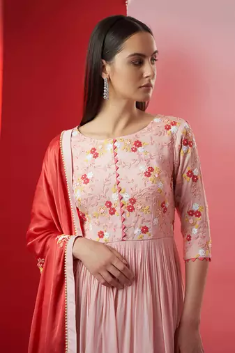 Pink and red georgette anarkali set