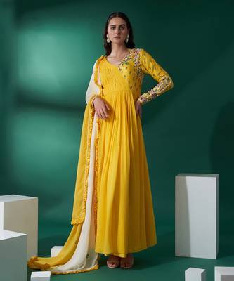Yellow and white georgette anarkali set 1