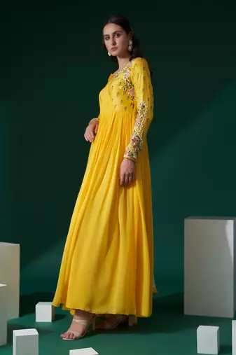 Yellow and white georgette anarkali set