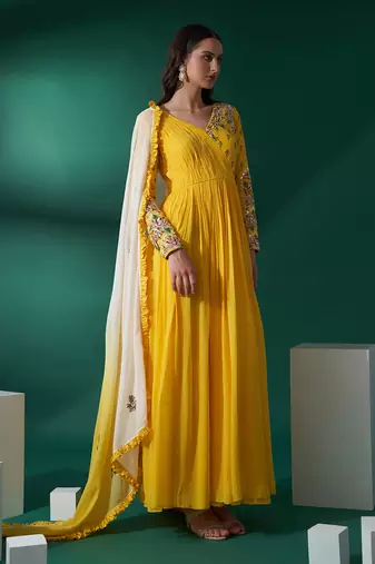 Yellow and white georgette anarkali set