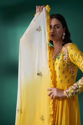 Yellow and white georgette anarkali set
