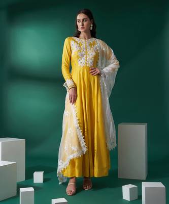 Yellow and white georgette anarkali set 1