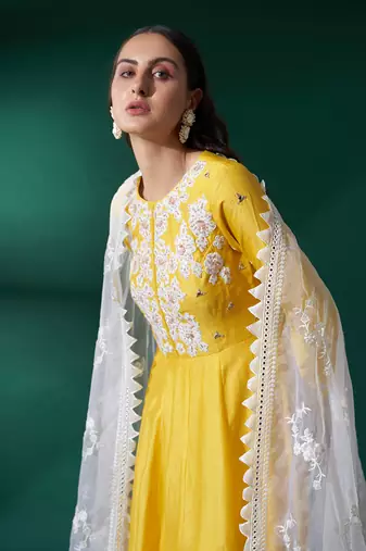 Yellow and white georgette anarkali set