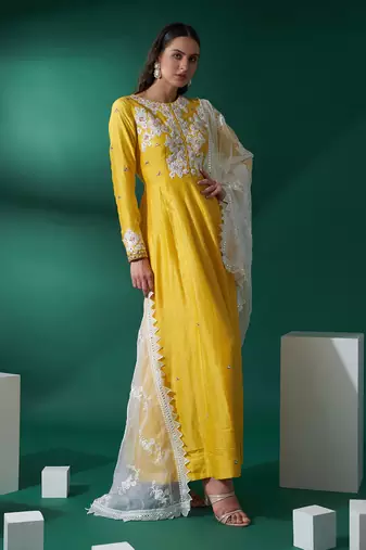 Yellow and white georgette anarkali set
