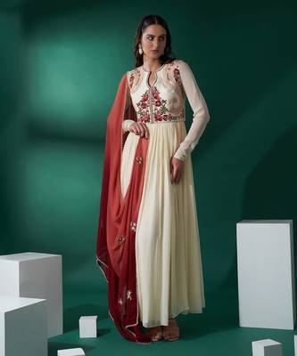 Cream and maroon georgette anarkali set 1