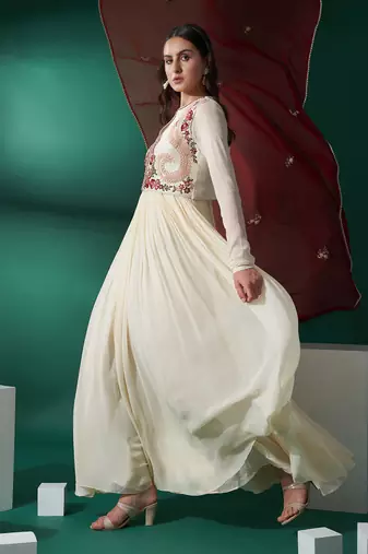 Cream and maroon georgette anarkali set