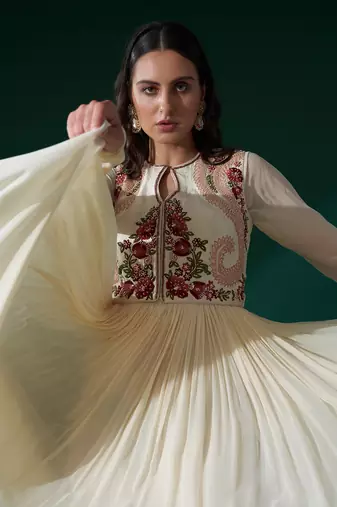 Cream and maroon georgette anarkali set
