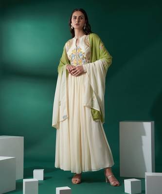 Cream and green georgette anarkali set 1