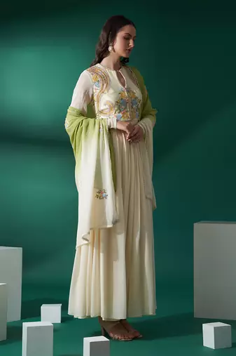 Cream and green georgette anarkali set
