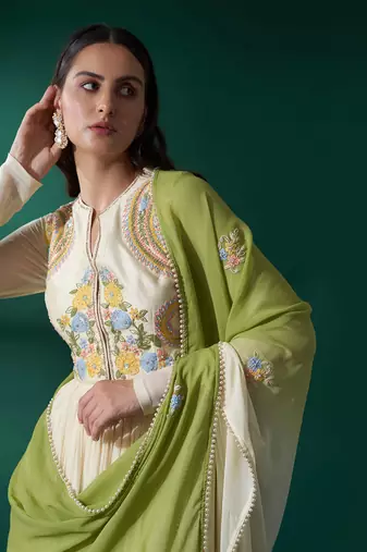 Cream and green georgette anarkali set