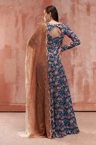 Teal blue georgette anarkali set