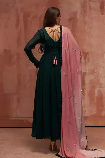 Bottle green and pink georgette anarkali set