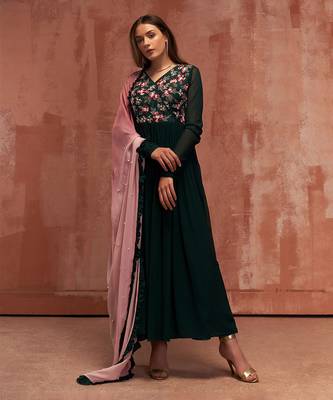 Bottle green and pink georgette anarkali set 1
