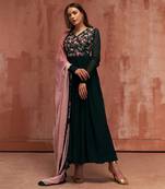 Bottle green and pink georgette anarkali set