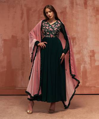 Bottle green and pink georgette anarkali set 3