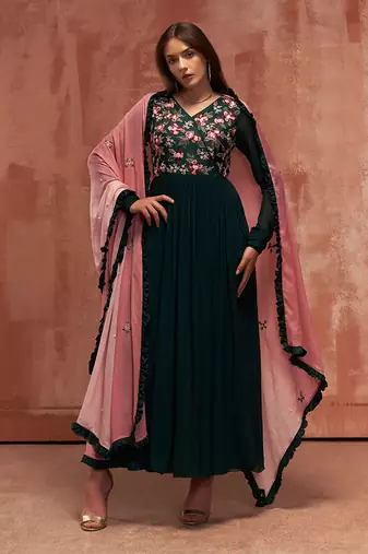 Bottle green and pink georgette anarkali set