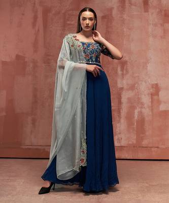 Peacock blue and light blue georgette anarkali set 1
