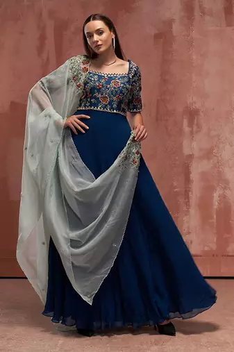 Peacock blue and light blue georgette anarkali set