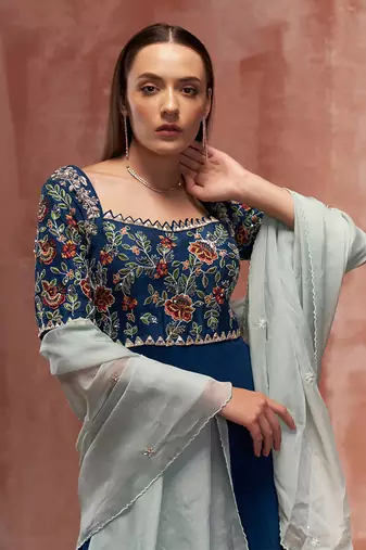 Peacock blue and light blue georgette anarkali set