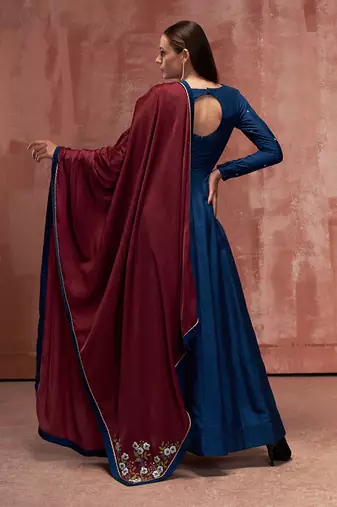 Peacock blue and maroon silk anarkali set