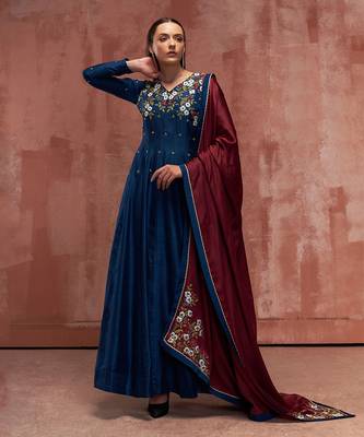 Peacock blue and maroon silk anarkali set 1