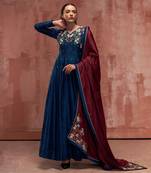 Peacock blue and maroon silk anarkali set