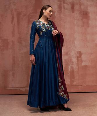 Peacock blue and maroon silk anarkali set 3