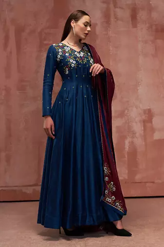Peacock blue and maroon silk anarkali set