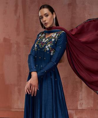 Peacock blue and maroon silk anarkali set 4