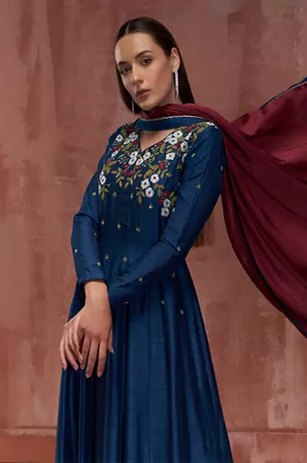 Peacock blue and maroon silk anarkali set