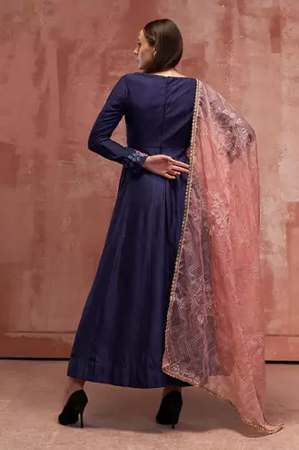 Blue and peach silk anarkali set