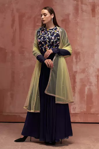 Burgendy and yellow georgette anarkali set