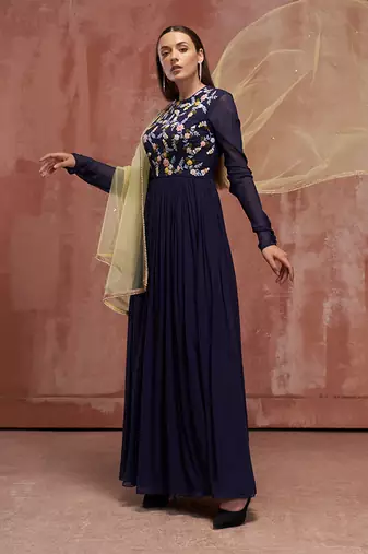 Burgendy and yellow georgette anarkali set