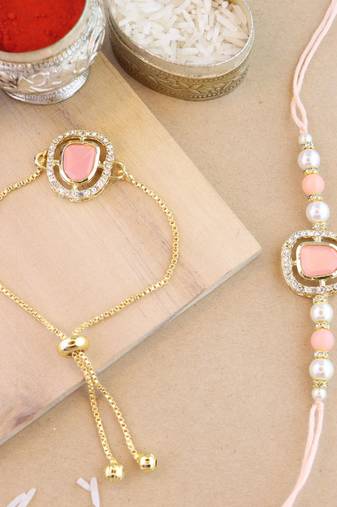 rakshabhandhan special kundan bhaiya bhabhi pearl hanging lumba bracelet rakhi combo set with roli chawal