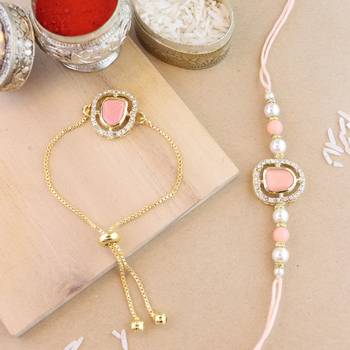 rakshabhandhan special kundan bhaiya bhabhi pearl hanging lumba bracelet rakhi combo set with roli chawal 1