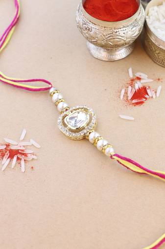 rakshabhandhan special kundan stone rakhi with roli chawal for bhaiya/brother/mens(r094w)