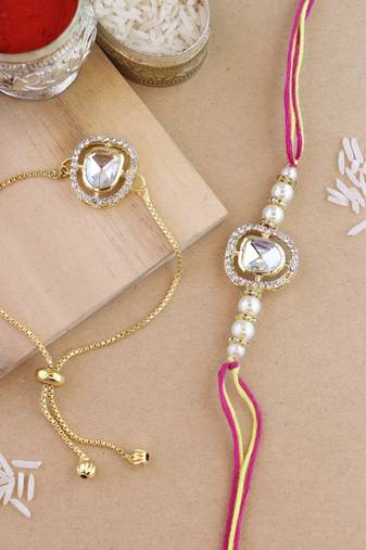 rakshabhandhan special kundan bhaiya bhabhi pearl hanging lumba bracelet rakhi combo set with roli chawal