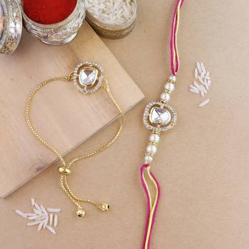 rakshabhandhan special kundan bhaiya bhabhi pearl hanging lumba bracelet rakhi combo set with roli chawal 1