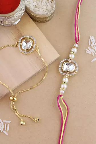 rakshabhandhan special kundan bhaiya bhabhi pearl hanging lumba bracelet rakhi combo set with roli chawal