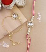rakshabhandhan special kundan bhaiya bhabhi pearl hanging lumba bracelet rakhi combo set with roli chawal